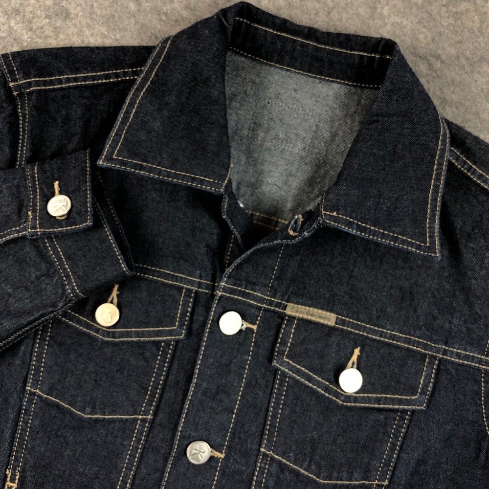 Calvin Klein Women's Denim Jacket Medium Blue Button Up Dark Wash Long Sleeve